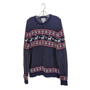 Aspen Nordic Fair Isle Cotton Sweater Mens XL Navy Deer Snow Ski Cabin Christmas